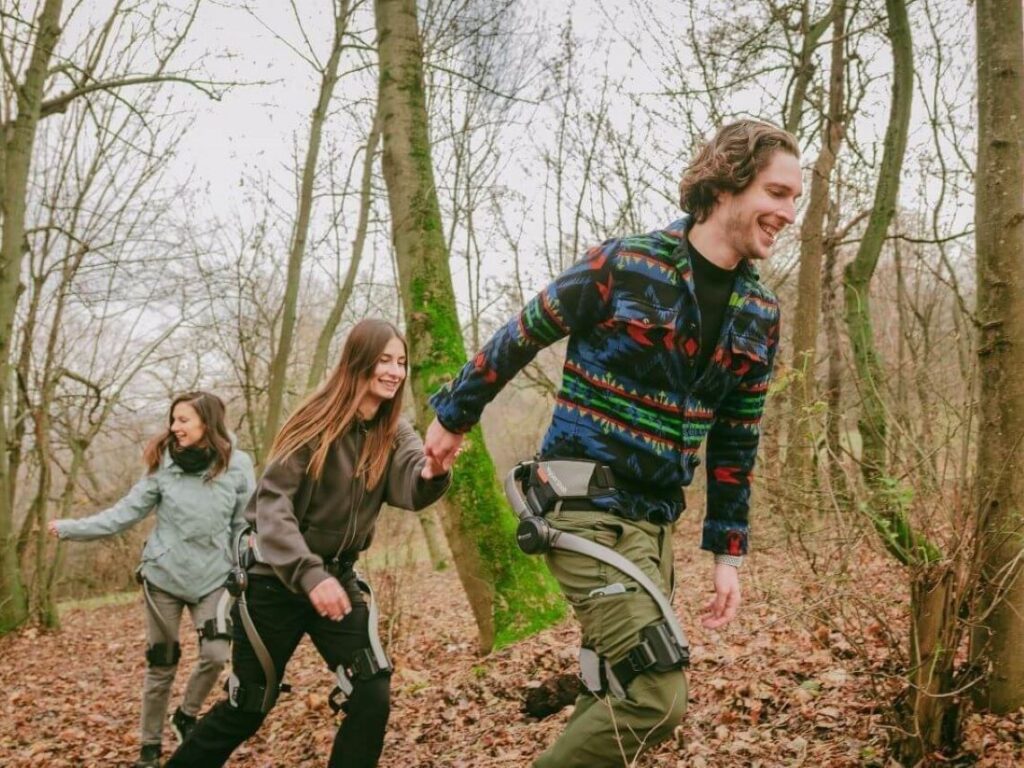 People during an exoskeleton powered nature hike near Budapest, Hungary