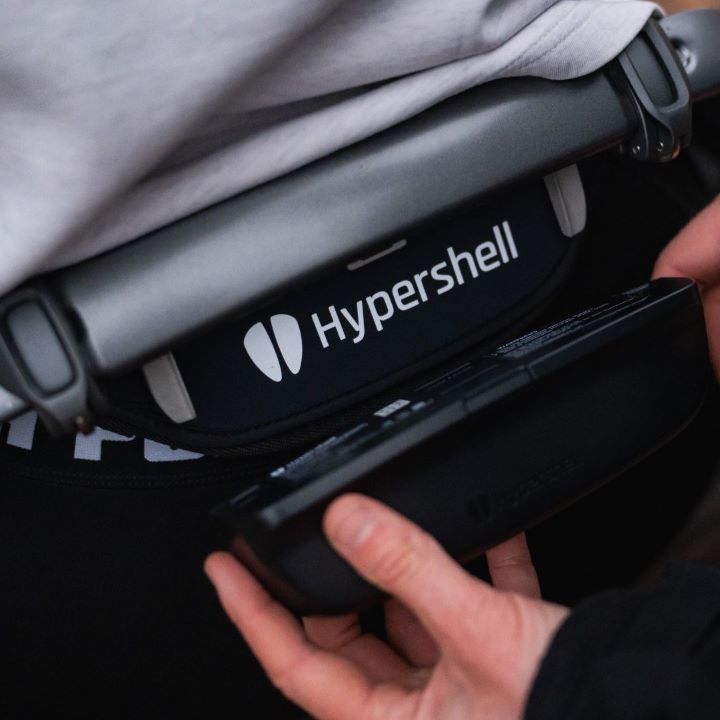 Close-up of a Hypershell exoskeleton device while exchanging its battery